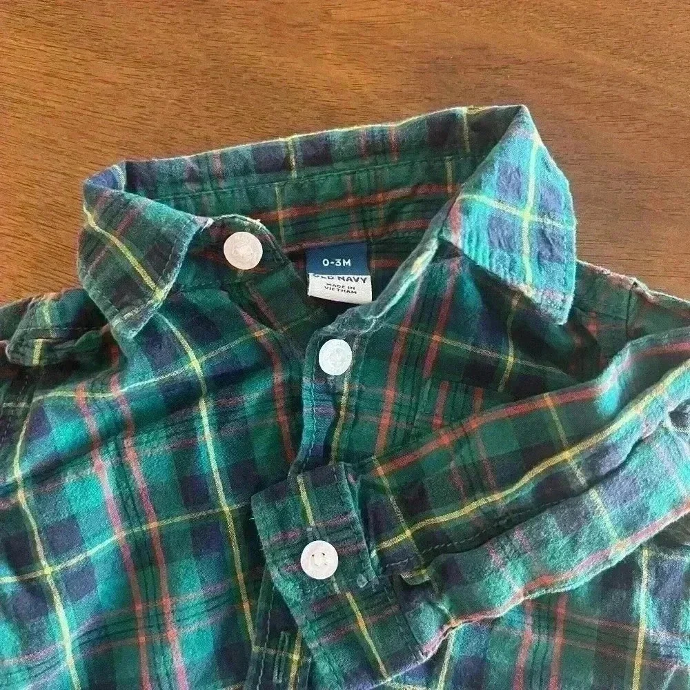 Old Navy Plaid Button Up Shirt Boys 0-3 Months Green Good Long Sleeve 0837